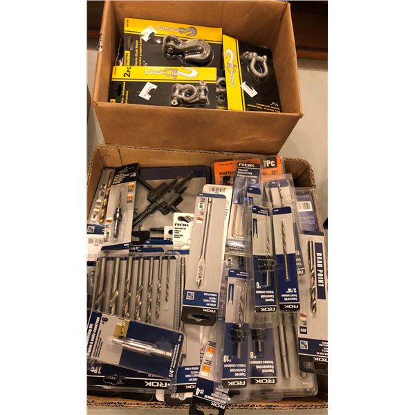 Assorted ROK & Powersonic drill bits & assorted box of grab hooks etc.