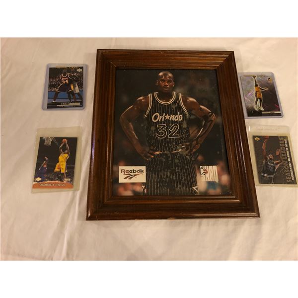 Group of 6 pcs. Shaquille O' Neal memorabilia - 4 trading cards including 2 rookies & framed & signe