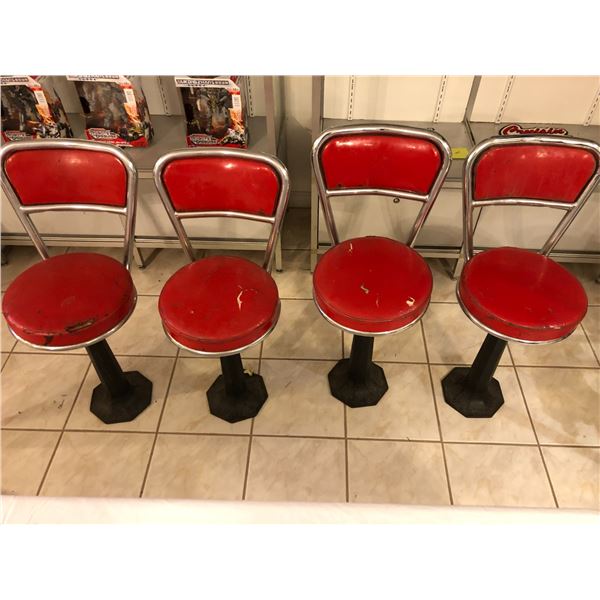 Set of 4 1950's red & chrome ice-cream parlour stools w/ black pedestal base