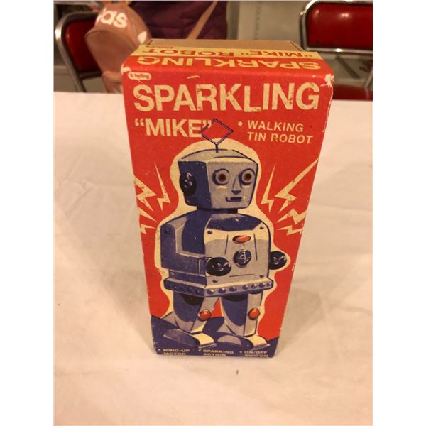 Tin lithograph Sparkling "Mike" walking tin robot wind-up toy w/ original box