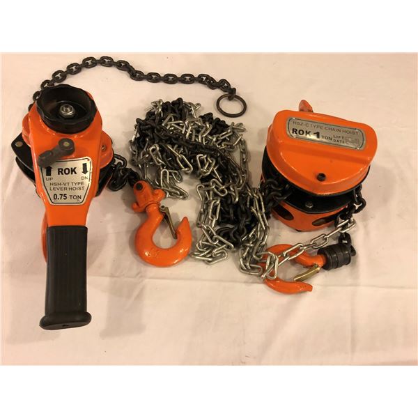 Two ROK chain hoists - 1 ton block hoist & 0.75 ton lever hoist