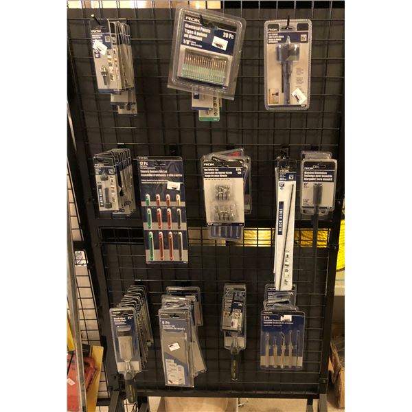 Black metal rack filled w/ assorted new items - nut driver sets/ mandrel extensions/ square recess b