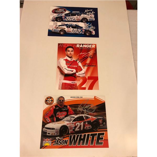 Group of 3 NASCAR racers signed photo cards - Jason White/ Andrew Ranger & Kerry Micks/ Mark Dilley 