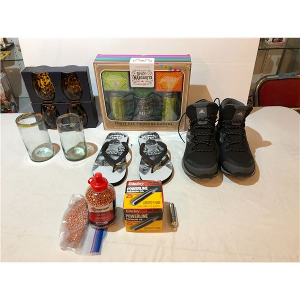 Assorted of shoes, drinking glasses and air rifle equipment..