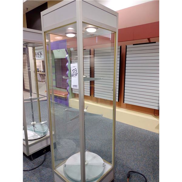 GLASS ELECTRIC REVOLVING LIGHT UP FLOOR DISPLAY, 83"H X 22"W X 22"D