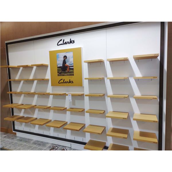 39 SHELF CLARKS WALL DISPLAY LOT, 134.5" WIDE X 96" HIGH X 16.5" DEEP