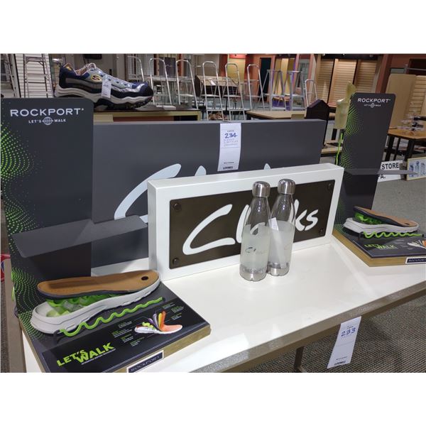2 CLARKS DISPLAY SIGNS, 2 CLARKS GLASS BOTTLES, 2 ROCKPORT DISPLAYS