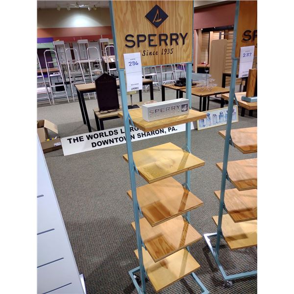 SPERRY METAL DISPLAY STAND W/ 5 WOOD SHELVES 64"H X 14.75"W