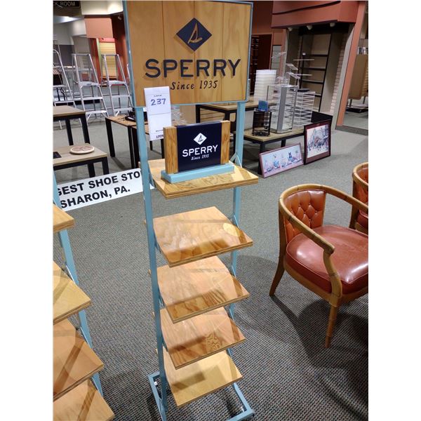 SPERRY METAL DISPLAY STAND W/ 5 WOOD SHELVES 64"H X 14.75"W