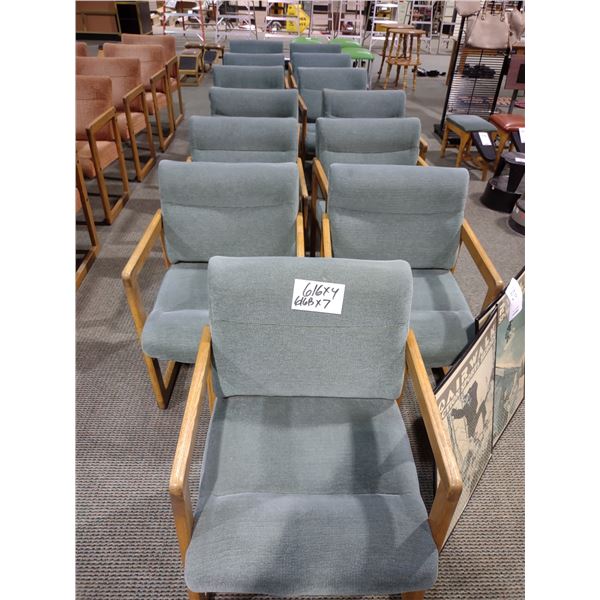 OAK FRAMED HUNTER GREEN CUSHIONED CHAIRS, GOOD CONDITION (X4)