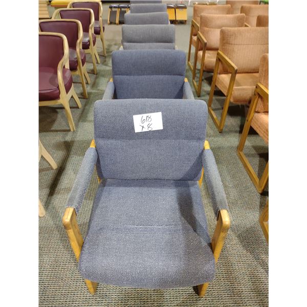 OAK FRAMED BLUE/GRAY CUSHIONED CHAIRS, SOME WEAR (X8)