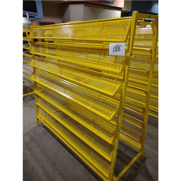 NEW OR LIKE-NEW POWDER COATED METAL SHOE RACK, YELLOW, COST APPROX $500.00 EA. NEW
