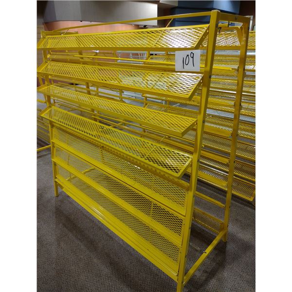NEW OR LIKE-NEW POWDER COATED METAL SHOE RACK, YELLOW, COST APPROX $500.00 EA. NEW