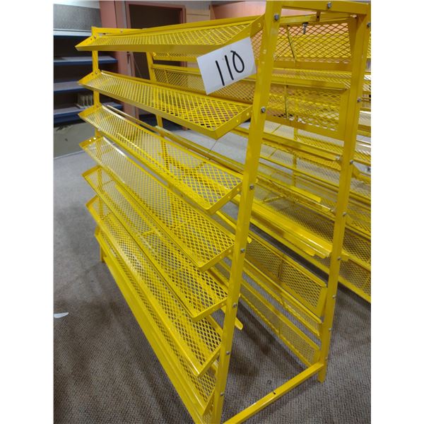 NEW OR LIKE-NEW POWDER COATED METAL SHOE RACK, YELLOW, COST APPROX $500.00 EA. NEW