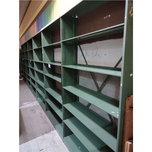 24 RUNNING FT METAL SHELVING, 7 UPRIGHTS (90"H), 30 SHELVES (48"W), 6 TOPS, 6 BASES, LIKE-NEW