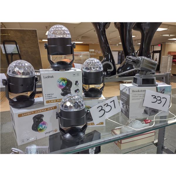 LOT OF 4 LUDITEK LED PARTY LIGHTS AND BROOKSTONE USB DESKTOP MISSILE LAUNCHER