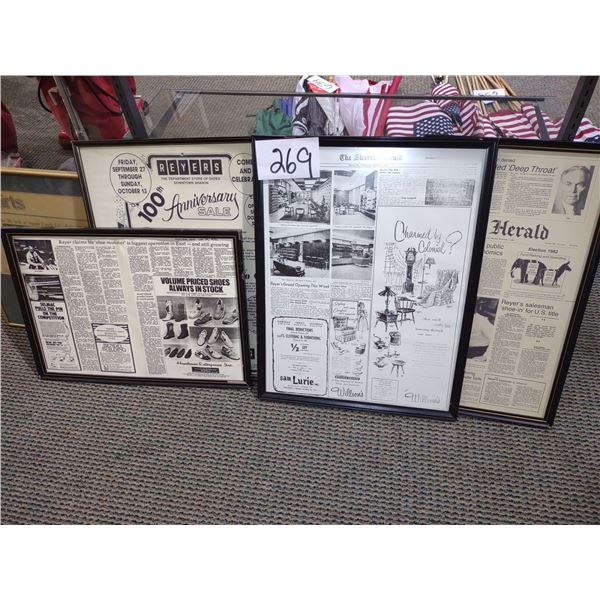4 FRAMED VINTAGE REYERS ADVERTISEMENTS AND NEWS STORIES