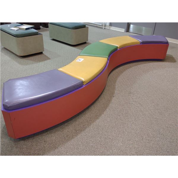 VINTAGE S SHAPED LAMINATE BENCH W/ COLORFUL VINYL SEATING, APPROX. 12 FT