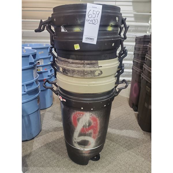 5 PLASTIC GARBAGE CANS W/ WHEELS