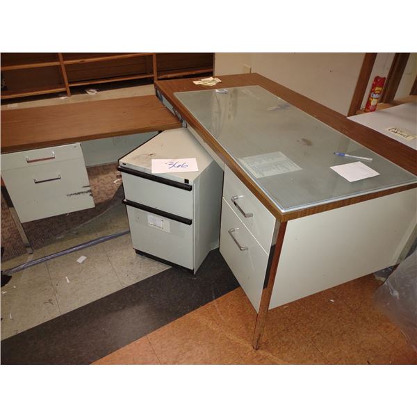 CLASSIC L SHAPED METAL OFFICE DESK W/ WOOD LAMINATE TOP AND EXTRA FILE CABINET