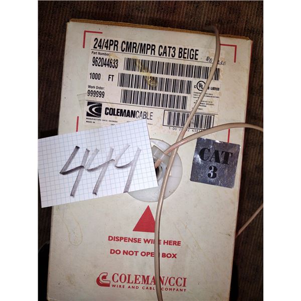 BOX OF NEW COLEMAN CABLE 24/4PR CMR/MPR CAT 3 BEIGE, W/ BUILT IN CABLE CUTTER