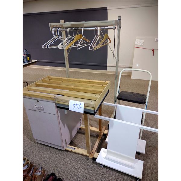 FREE STANDING COAT HANGER, FOLDING METAL STEP STOOL, CABINET ON WHEELS