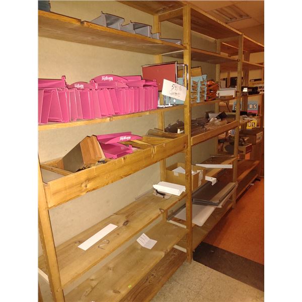 CONTENTS OF SHELVING LOT: BRANDED AND CLEAR ACRYLIC SLAT WALL SHELVING, TABLE SIGN HOLDERS