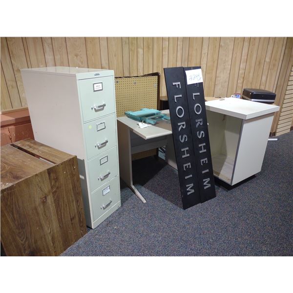 MISC. OFFICE LOT: DESK, PEG BOARD, FILE CABINET, COPY MACHINE STANDS, FLORSHEIM SIGNS