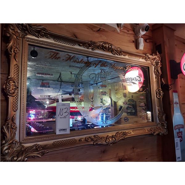 MILLER LITE HISTORY OF THE SUPERBOWL MIRROR, GLASS, WOOD FRAME 57"W X 34"H