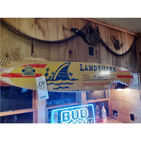 LANDSHARK PREMIUM LAGER SURF BOARD W/ SHARK BITE, WOOD 75"L X 13.5"H X 1/2" THICK