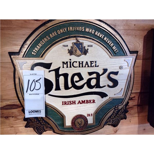 MICHAEL SHEAS'S IRISH AMBER SIGN, WOOD 25"H X 23"W