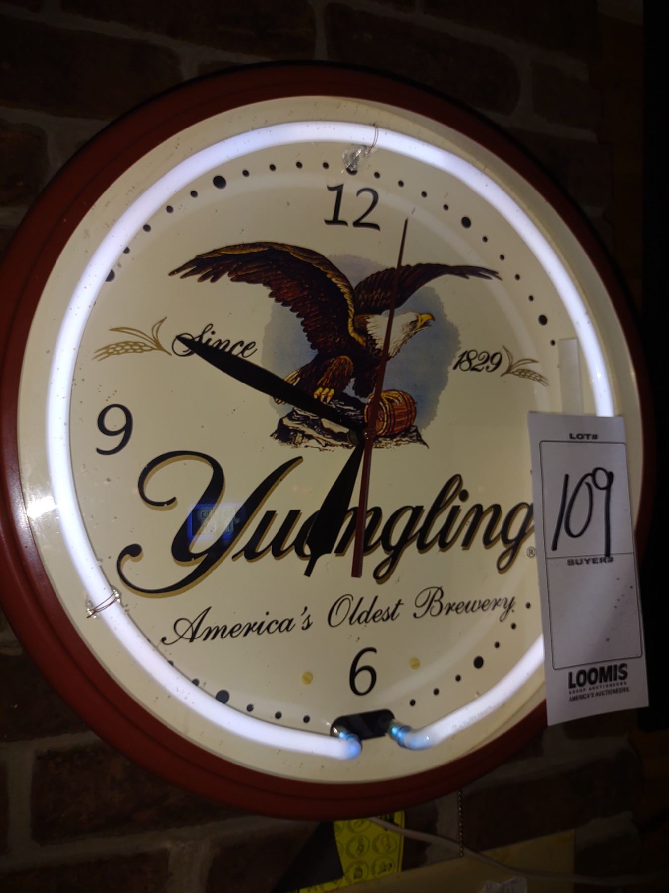 YUENGLING NEON WALL CLOCK, METAL AND GLASS 20"H X 20"W