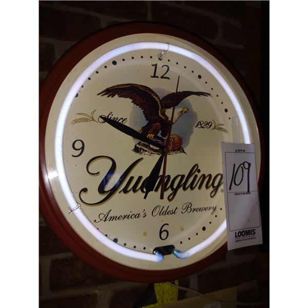 YUENGLING NEON WALL CLOCK, METAL AND GLASS 20"H X 20"W