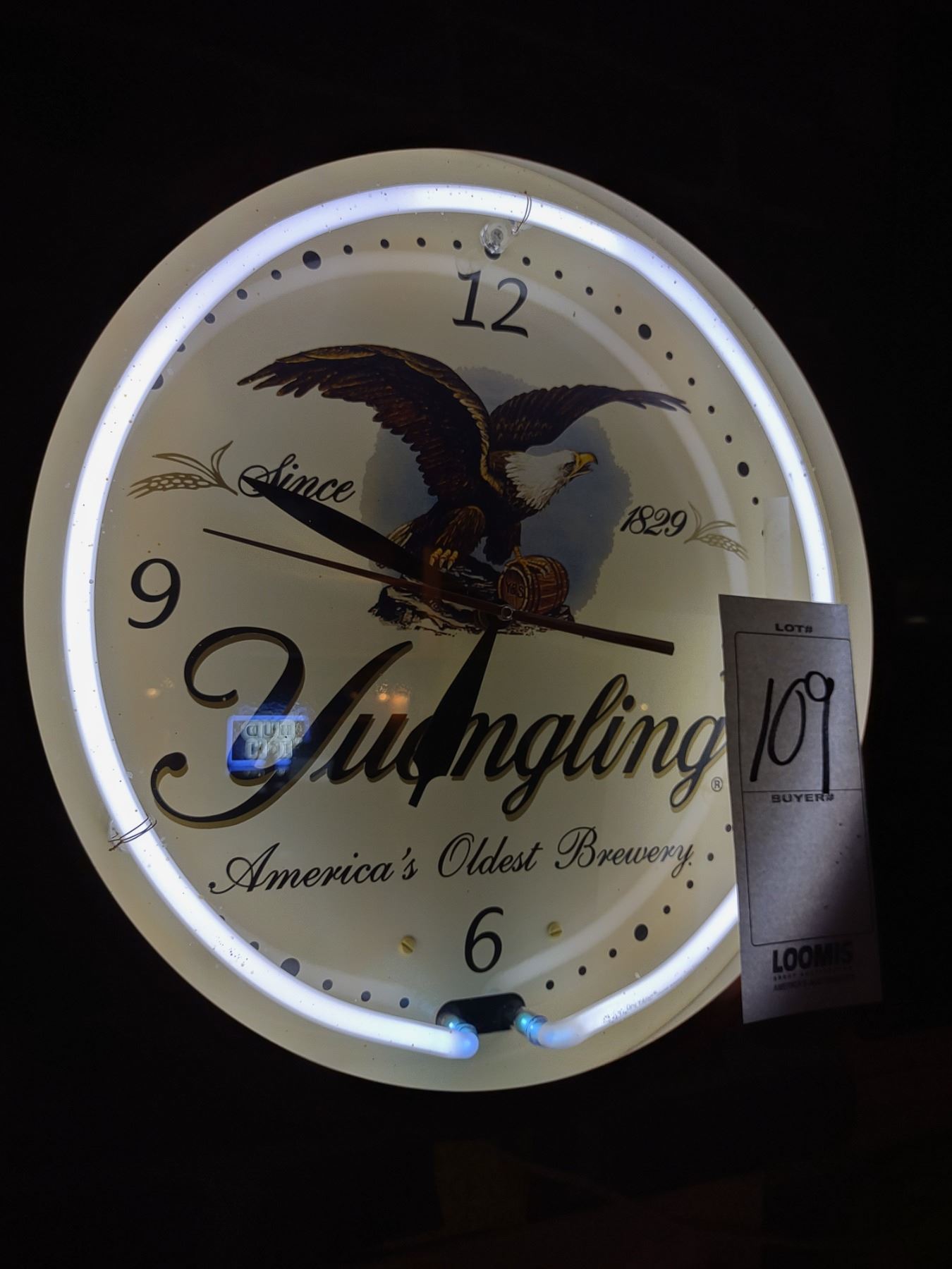 YUENGLING NEON WALL CLOCK, METAL AND GLASS 20"H X 20"W