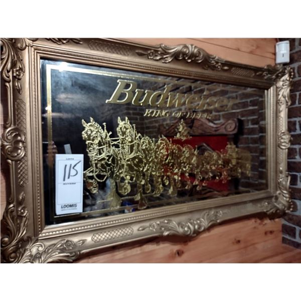 BUDWEISER CLYDESDALES BAR MIRROR, GLASS W/ WOODEN FRAME 59"W X 34"H
