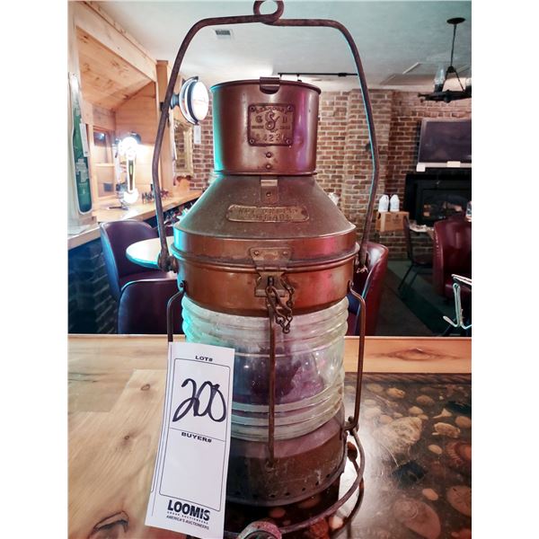 ANTIQUE COPPER AND BRASS SEAHORSE SHIP LANTERN, 24" X 12"
