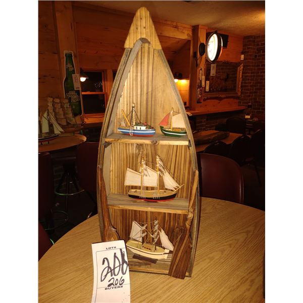 WOODEN NAUTICAL DISPLAY, W/ 4 HAND CRAFTED WOOD FISHING VESSELS