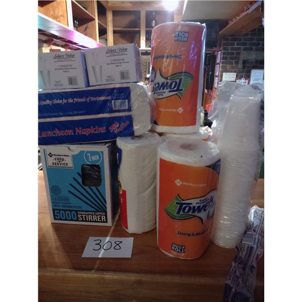 LOT OF ASSORTED PAPER SUPPLIES, CUPS AND STIRRERS
