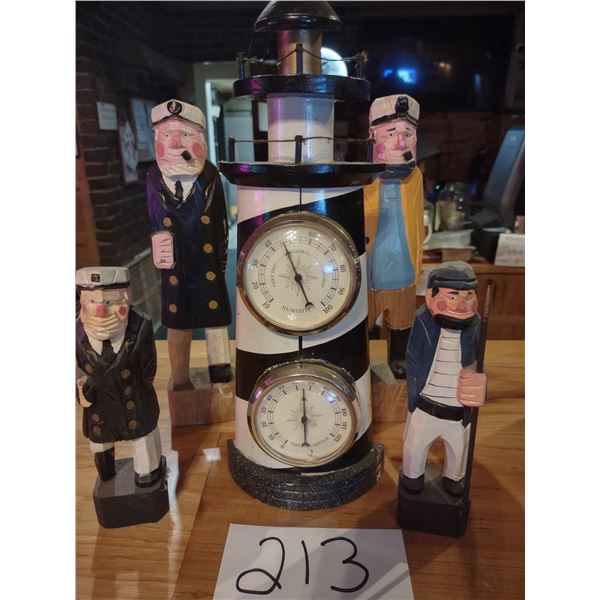 LOT OF 4 HAND CARVED WOOD SAILOR FIGURINES AND LIGHTHOUSE, HAND PAINTED