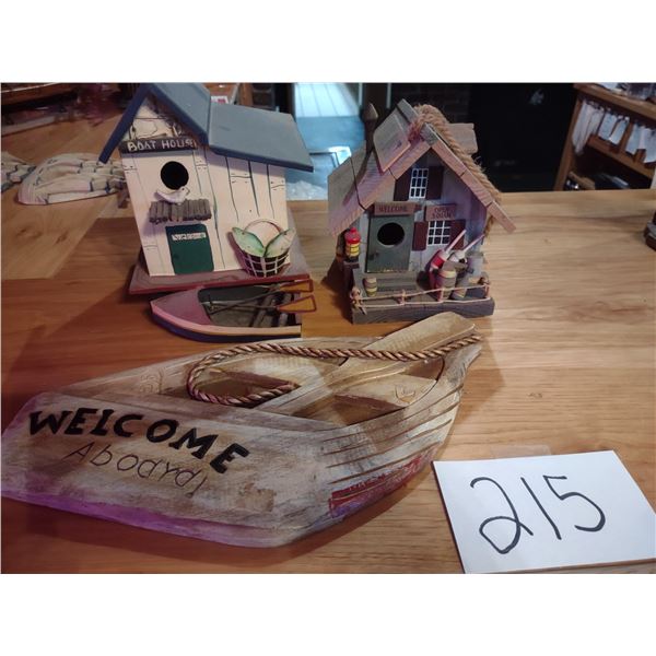 LOT OF 3 FISHING VILLAGE THEMED WOOD CARVED SIGN AND BIRD HOUSES