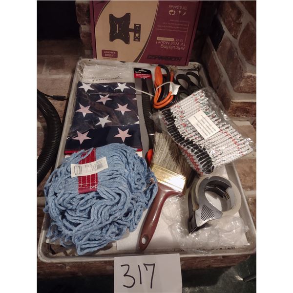 ASSORTED LOTASSORTED LOT: CAN COOZIES, PACKING TAPE, PAINT BRUSH, MOP HEAD, USA FLAG, MORE