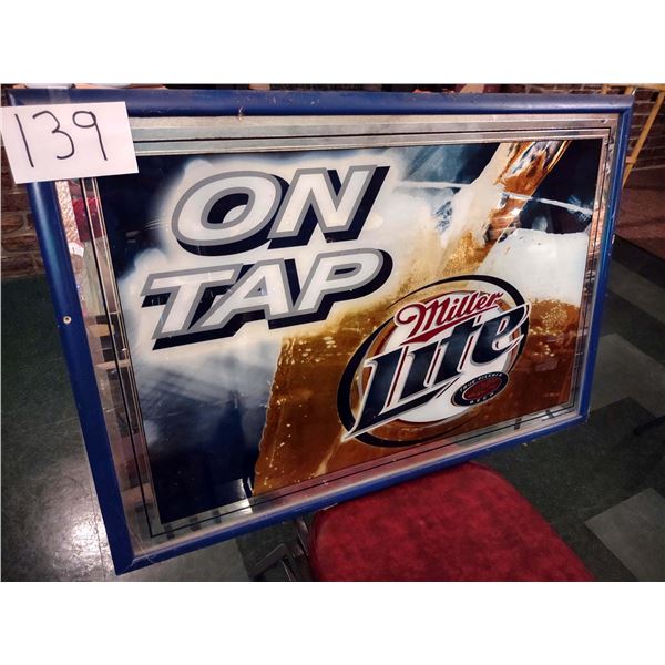 MILLER LITE ON TAP GLASS SIGN, WOODEN FRAME, 38"W X 26"H