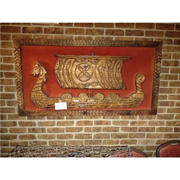 BEAUTIFUL CARVED WOODEN VIKING SHIP WALL ART, FEATURED IN DINING ROOM, 64"W X 34"H