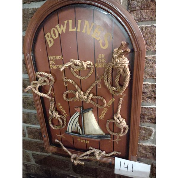 FRAMED ROPE BOWLINE KNOTS DISPLAY W/ WOOD CARVED SHIP, 24"T