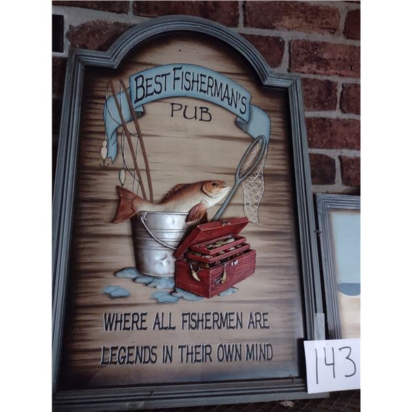 LARGE HAND PAINTED CARVED WOOD "BEST FISHERMAN'S PUB" SIGN, 28"T