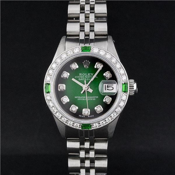 Rolex Ladies Stainless Steel 26MM Green Vignette Diamond Oyster Perpetual Dateju