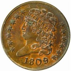 1809/Inverted 9  Half Cent. Rarity-1. AU55