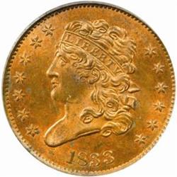1833 1/2C. Rarity-1. MS64RB (PCGS) CAC