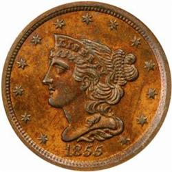 1855 1/2C. B-1, C-1. Rarity-1. MS63 RB (PCGS)