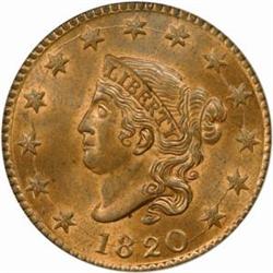 1820 Large Cent. N-13. Rarity-1. Lg Date. MS64RB